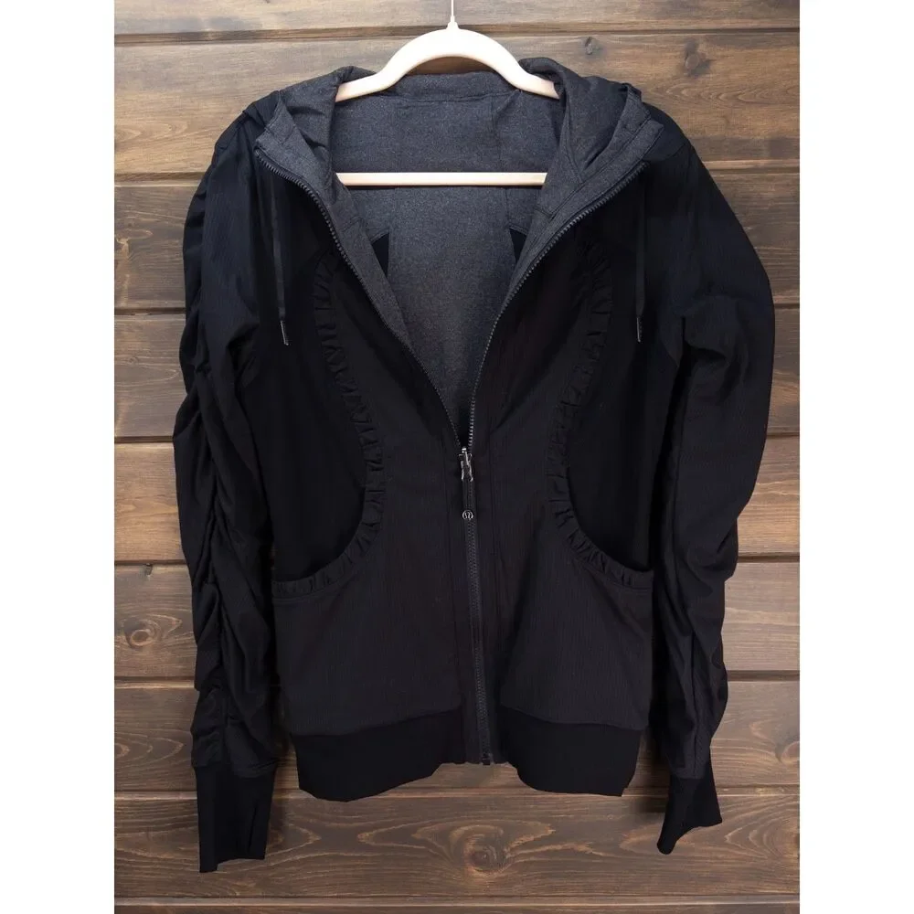 Lululemon Reversible Dance Studio Jacket Black Gray Size 8 Hooded Zip